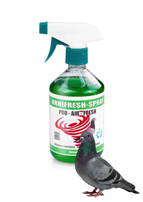 OrniFresh Spray to skuteczny preparat do odświeżania gołębnika. Neutralizuje nieprzyjemne zapachy i wspiera utrzymanie higienicznego, świeżego środowiska dla gołębi. (1)